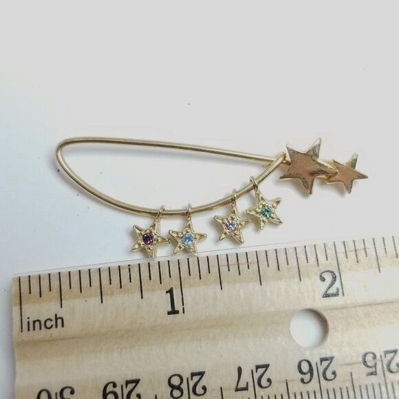 Vintage Rhinestone Shooting Star Brooch, Gold Tone Stick Pin, Pastel Colors - Picture 5 of 6